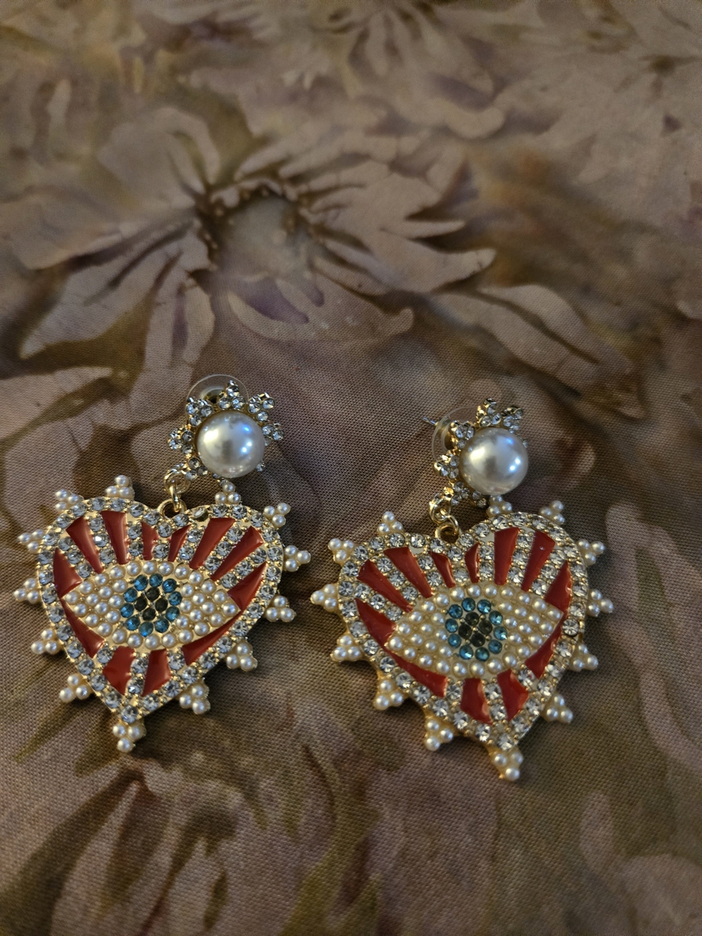 Pearl & Red Enamel Heart Eye Drop Earrings